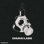 Black tee. Design is a Erlenmeyer Flask with bubbles coming out and wearing a gas mask. Printed with white ink.   - Breaking Chuhai