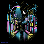 Black tee of Amaro the cat strolling down city streets under moonlit night sky - Endless Summer