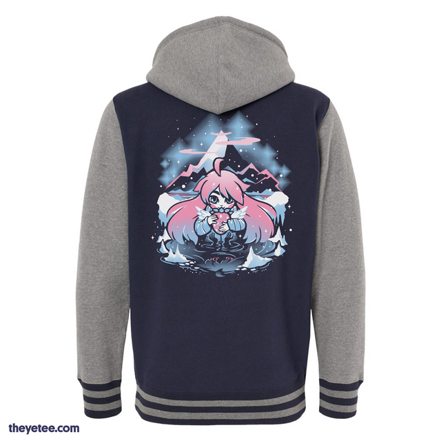Gray and Navy varsity style zip- up shows Celeste holding strawberry, mountain scene behind - Reflection Zip-up