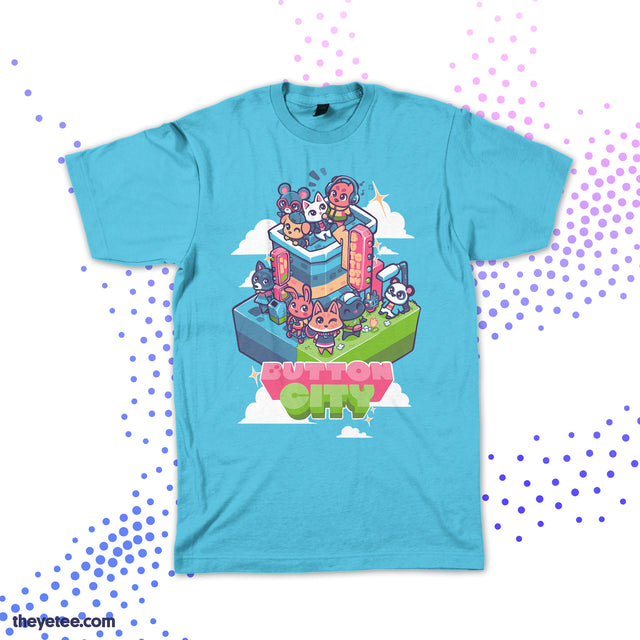 Aqua Tshirt shows Button City characters a top and around city building - Button City