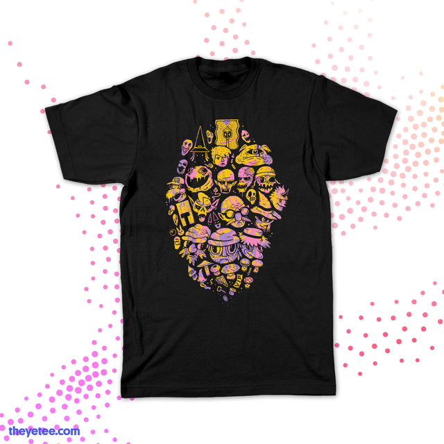 Black tee shirt featuring Everhood character faces with psychedelic effect colors; yellow, pink, purple.  - Psychedelic