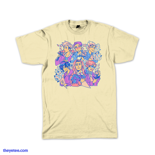 Off White tee shows six bachelors of Stardew Valley holding bouquets of flowers - Bachelor Bouquet