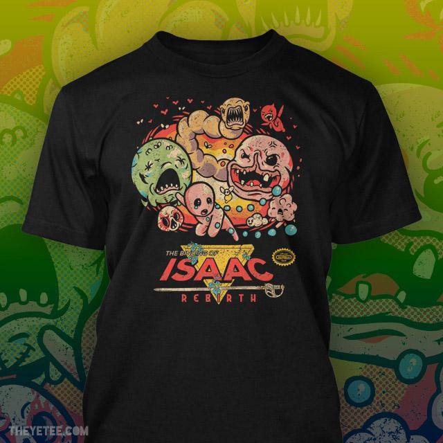 The Binding of Isaac Rebirth Black Tee shows Isaac in a weary crawl away from various villains   - Rebirth