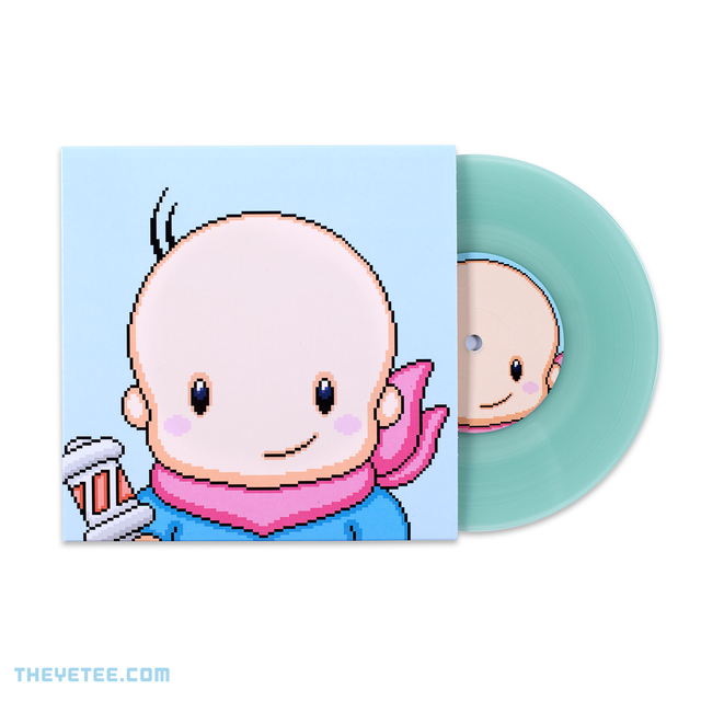 Side by side photo of the sleeve and vinyl. Vinyl is pressed on seaform aqua wax. - Bio Miracle Bokutte Upa! (7")