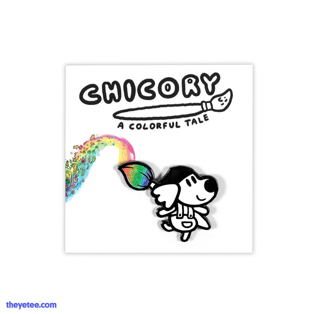 Chicory character hard enamel pin- Black and white character holding paintbrush colored with rainbow paint - Chicory