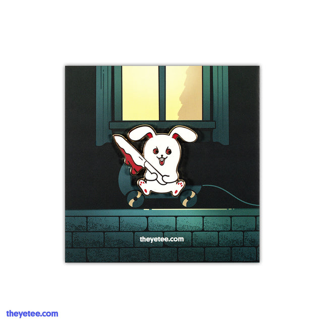 Hard enamel pin of white bunny holding knife with blood dripping off knife, has red eyes and red accents - Cute Rabbit