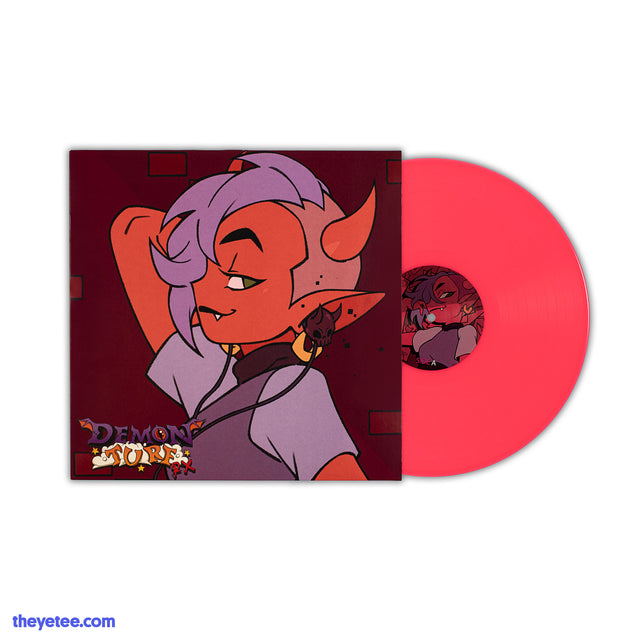 Side profile of a red horned demon girl with purple hair and shaved sides. Matching purple shirt and demon skull earbuds.  - Demon Turf (The RX Album)