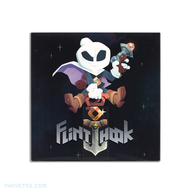 Flinthook Soundtrack 12” pink vinyl cover shows Flinthook character holding Plasma pistol in right hand pointed up while holding Chainhook in left hand pointed down  through title floating in night sky background - Flinthook