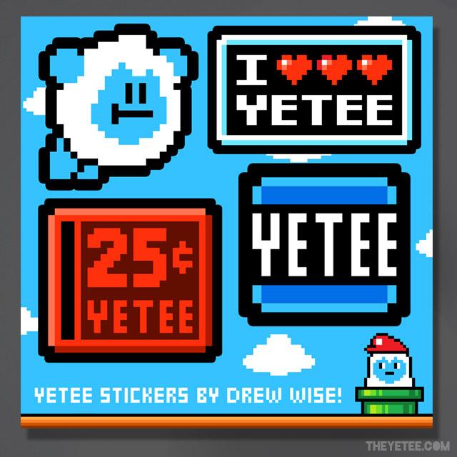 Four Yetee themed stickers to put wherever you want! Included is an arcade quarter-slot, a flying Yetee, and a classic " I heart Yetee" sticker. - Super Yetee Land Stickers