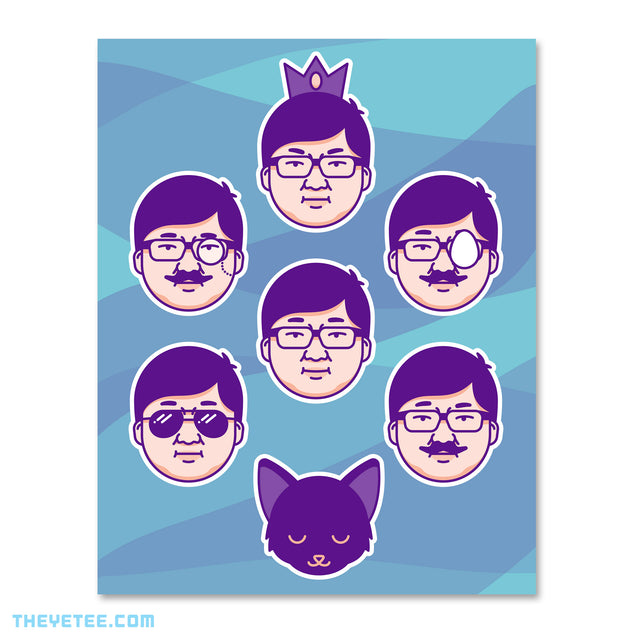 Stickers of the 7 faces of ProZD's iconic characters. Clockwise: King Dragon, The Egg Man, Archibald, Effie the cat, Dennis, Lysanderoth and ProZD's face. - Many Sticker Faces