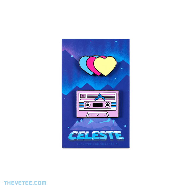 Teal, pink and yellow hearts attached to each other. Second pin is a cassette with a small mountain ridge in the center. - Mixtape Love Pinset