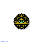Gold pyramid with a glow in the dark eye centered. Pyramid is layered on top of a black sun with gold sunrays.  - Chilluminati Logo