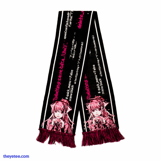 Black scarf with pink and white computer codes. Both ends feature Monika posing slyly with a dark pink and black fringe.  - Monika Glitch Scarf