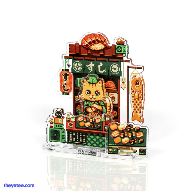 Orange cat dressed in green robe serving sushi. Food stall includes orange fish wind sock, red lantern, and rain doll. - Neko Sushi Stall