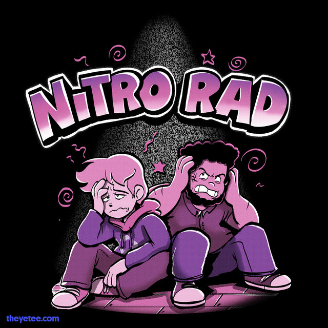 Black t- shirt of 2 characters sitting discouraged face with hand on head. Says Nitro rad above. - Game Over