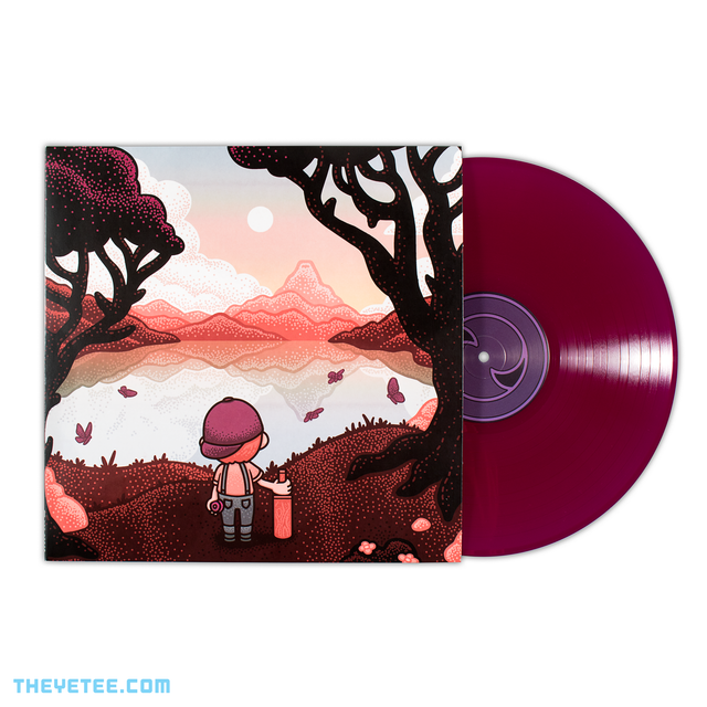 Vinyl soundtrack of Reverie cover shows back of a boy in overalls and backwards baseball hat facing a lake in between trees and mountain also shows maroon colored vinyl half way out - Reverie Vinyl OST