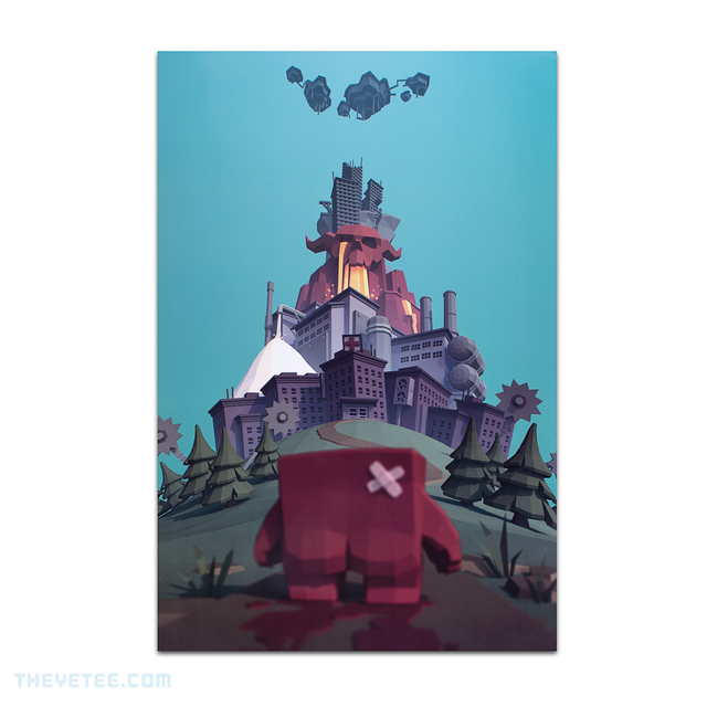 Meat Boy preparing to enter a pyramid made of worlds from the game such as the hospital, salt factory, hell and rapture. - Meat Boy Poster