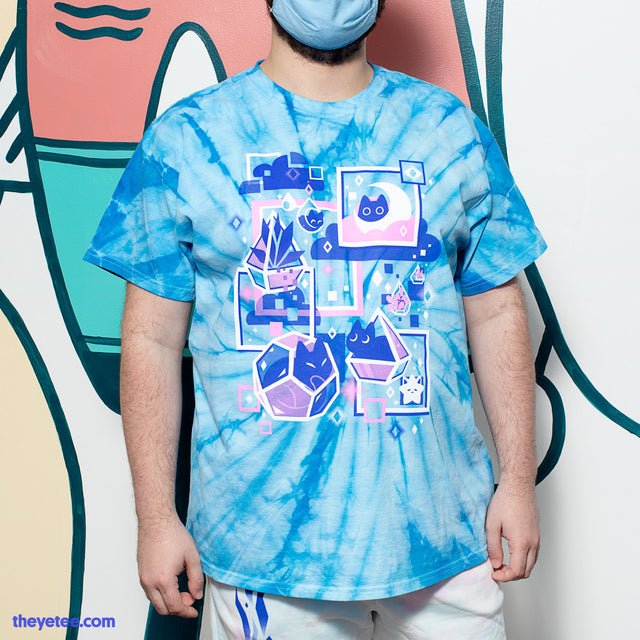 Blue tie-dye tee. Various geometric shaped terrariums and squares with amaro the cat resting inside them.  - Void Amaro Tee