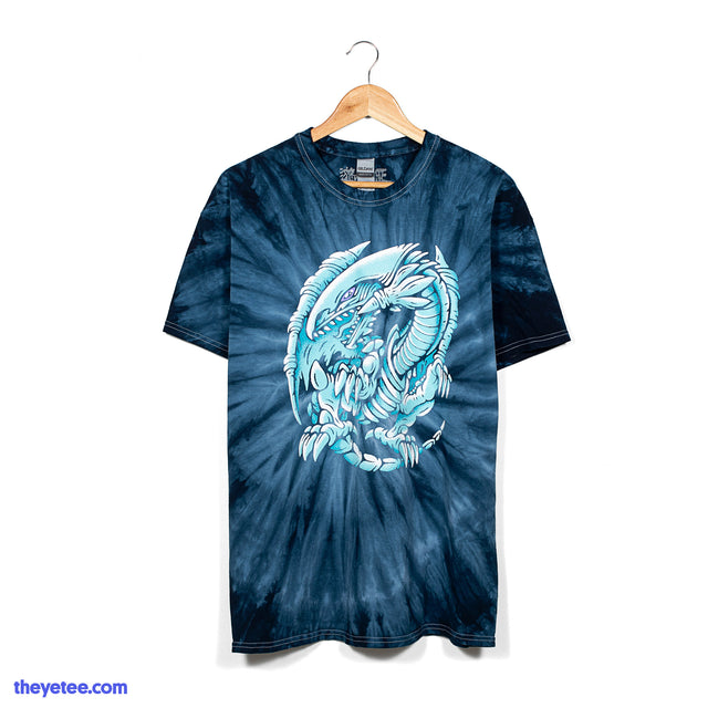 Blue Tie Dye T-shirt shows Blue Eyed Dragon center front - Blue Eyes Tie Dye