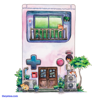 Watercolor style design of an 8-bit handheld game console turned home. Four orange cats sunbath throughout the exterior. 