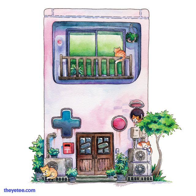 Watercolor style design of an 8-bit handheld game console turned home. Four orange cats sunbath throughout the exterior.  - 1989 Dot Matrix Lane