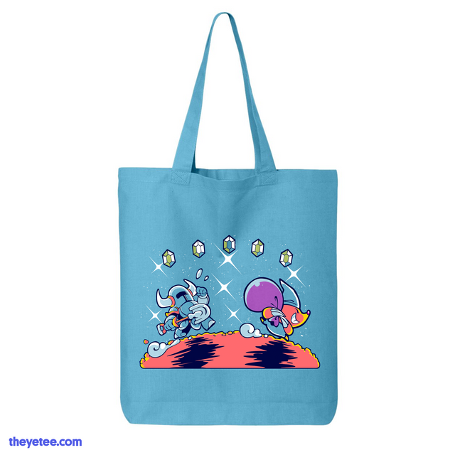 Aqua Canvas Tote shows Shovel Knight chasing sticky fingered villain - Slow Down