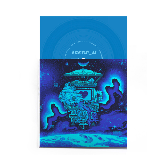 Terra_II vinyl single- Pressed on 7" transparent blue, thin, flexible "Flexi Disc" material- cover shows pixel art space station taken over by organic materials - Terra II Flexi