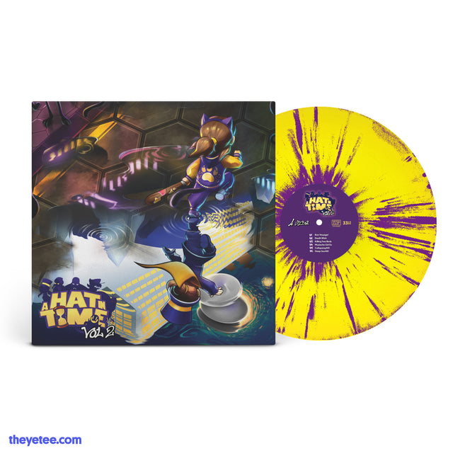 A Hat in Time vinyl cover shows characters traveling over reflections of time. Yellow and purple splatter variant - A Hat In Time Original Soundtrack: Volume 2