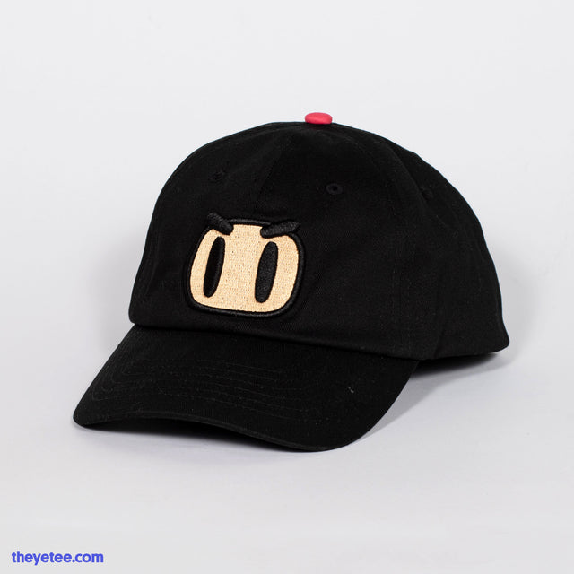 Black Dad Cap with embroidered Bomberman patch and pink botton on top - Bomberman Dad Cap