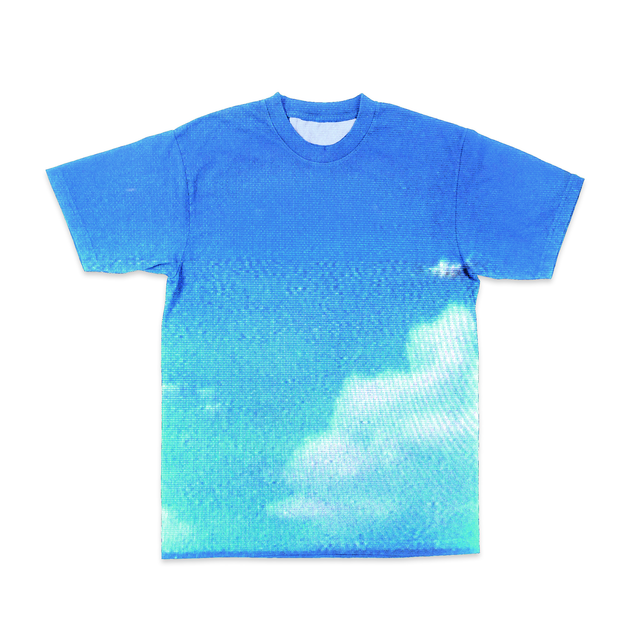 Look at the sky, isn't it neat? An all over design of a blue sky with white clouds on a short-sleeve tee. Due to the sublimation technique, white streaks along the sides and underarms is common. - Blue Sky VHS