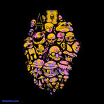 Black tee shirt featuring Everhood character faces with psychedelic effect colors; yellow, pink, purple. - Psychedelic