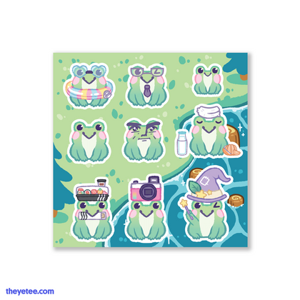 9 stickers of frogs living their lives. One is dressed as a witch, one has sushi on their head and another has a camera. 