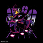 Black tee. The gold crowned Evil Wizard holds Red and Rasta Beast captive in battle in front of crooked purple windows.  - Game Master