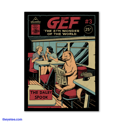 Following a comic book cover motif, Gef a mythical mongoose creature sits in a diner booth reading the newspaper. 