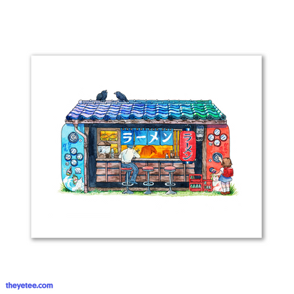 Watercolor style design of a hybrid console turned ramen stall complete with lantern, tile roofing and vending machines.  