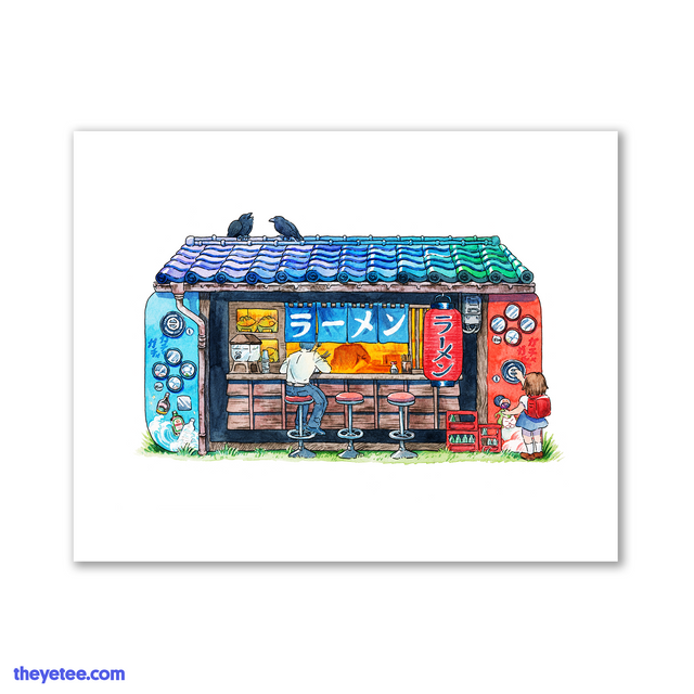 Watercolor style design of a hybrid console turned ramen stall complete with lantern, tile roofing and vending machines.   - Joyfun Ramen