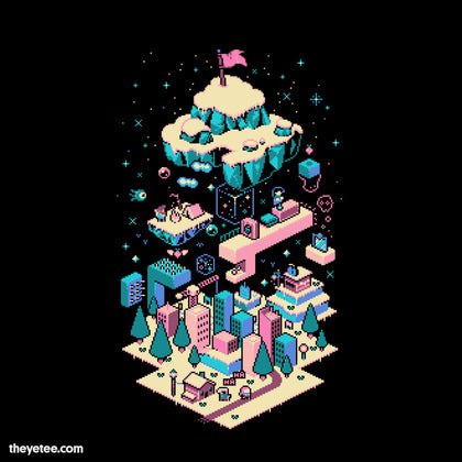 Black tee. 8-bit pixelated style, bottom is granny and the city, middle is camping and top is a mountain tip with a red flag. 