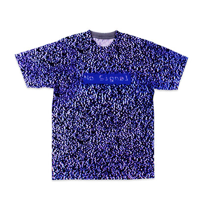 T-shirt covered in an all-over random dot pixel pattern of TV static with a blue rectangle centered with "no signal" inside.