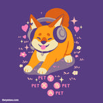 Purple t-shirt with tan dog with headphones on and tongue out. Pink flowers, hearts, stars. four PET buttons - Pet