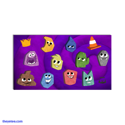 Nine Quiplash characters floating on purple swirled background. Included is a gold crown, traffic cone and goatee sticker.