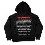 Black hoodie with the copyright warning design on the back.  The word "warning" is in red with white text below. - COPYRIGHT WARNING