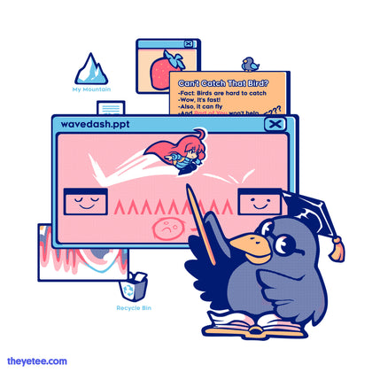 Bird wearing graduation cap giving tutorial for wavedashing on window browsers featuring Madeline jumping across blocks. 