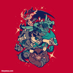 Red tee. A pile up of characters Ragnir, Onyx, Mordex, Asuria, Mako and Teros. Sparkles are scattered around the pile up/design.  - Wild Ones