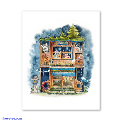 Watercolor style design of two story wooden home with apparitions living inside. A shrine sits outside and trees grow nearby.