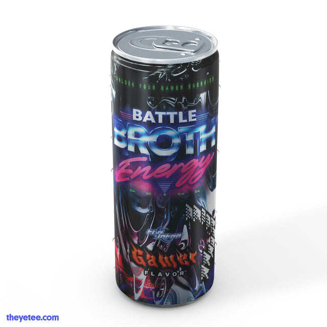 Slim tall pull-tab can with various fonts, multi-color and layered imagery and Yetee company logo.  - Battle Broth Gamer Flavor Energy Drink
