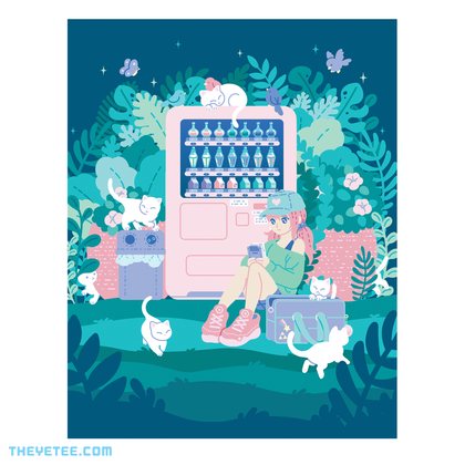 Vending machine filled with potions and vials surrounded by big-leaved foliage and white cats. A young girl sits nearby. 