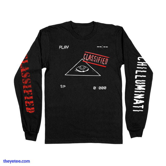Black longlseeve with three print locations. Classified is printed in red while Chilluminati is printed on opposite sleeve. - Classified Longsleeve