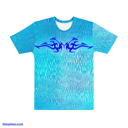 Aqua shirt with blue tribal insignia across front