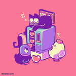 Pink tee. A duck and chicken inspect a vending machine that dispenses hearts. Atop the vending machine, a cat takes a snooze. - Crossy Vending Machine