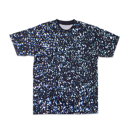 Crewneck tee with all-over random dot pixel pattern of static. 